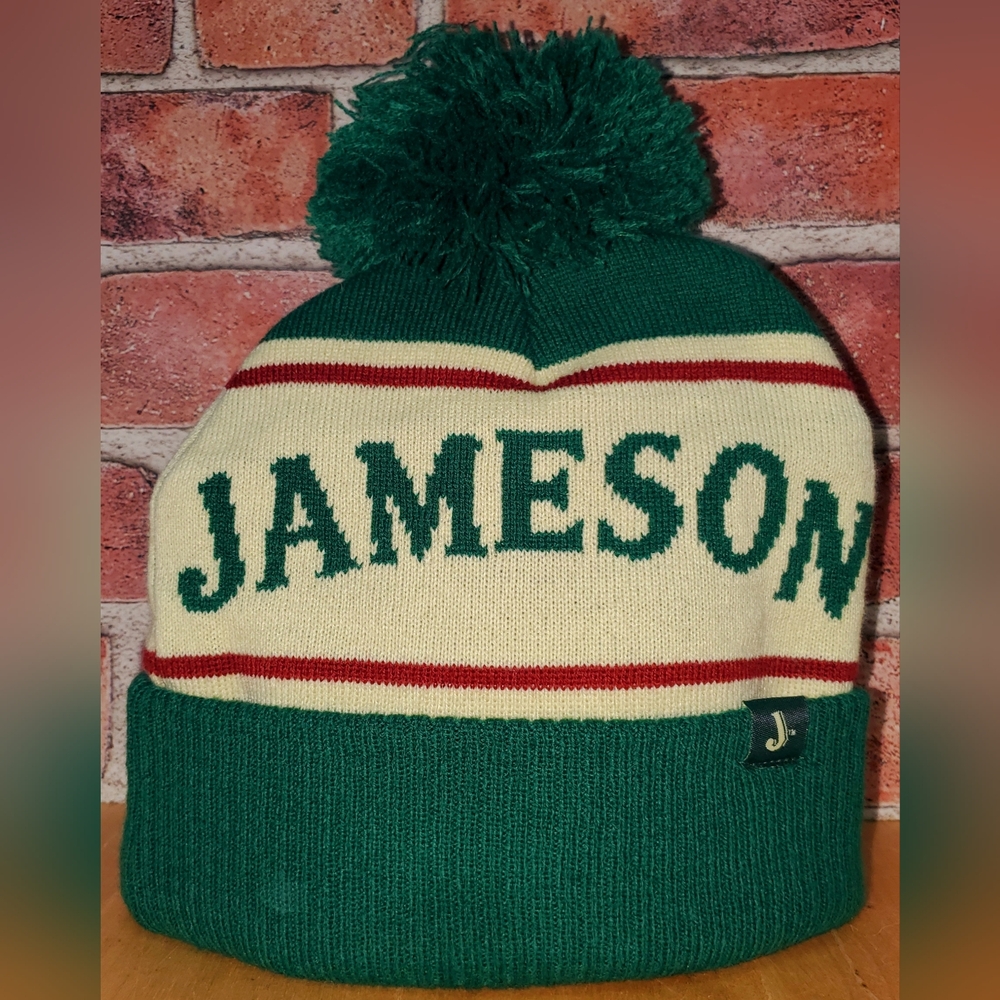 Jameson Whiskey puffy all over print y2k beanie Adult w/ Pom Pom and "J" patch.